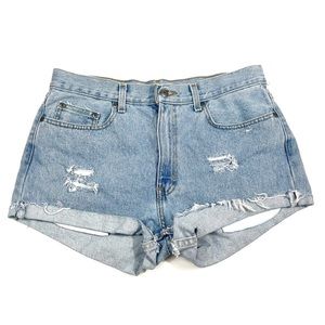 George High Waisted Rigid Denim Rolled Hem Distressed Cutoff Denim Shorts 32 Y2K